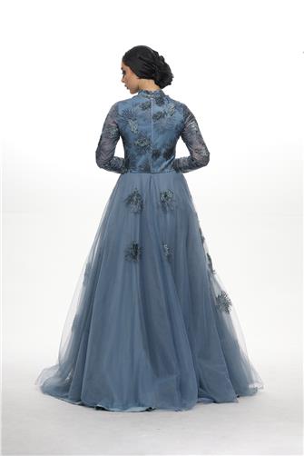 05-734 Üstü Tül İşlemeli Balık Elbise - İndigo