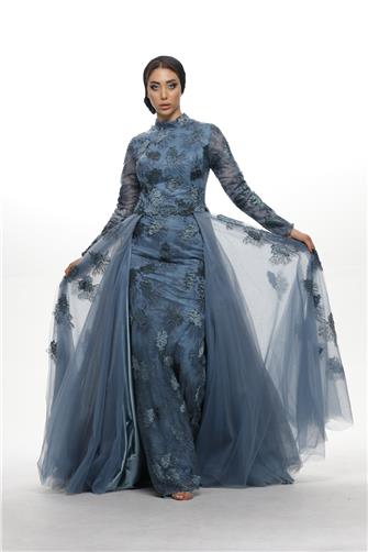 05-734 Üstü Tül İşlemeli Balık Elbise - İndigo