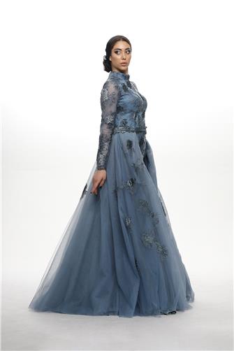 05-734 Üstü Tül İşlemeli Balık Elbise - İndigo