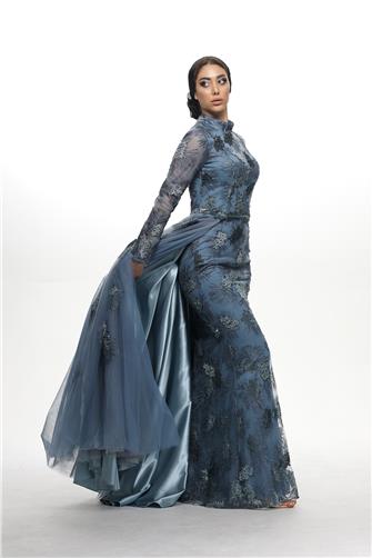 05-734 Üstü Tül İşlemeli Balık Elbise - İndigo