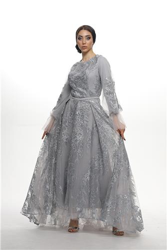 05-745 İşlemeli Tül Arkası Uzun Önü Kısa Abiye - Gri