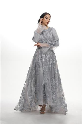 05-745 İşlemeli Tül Arkası Uzun Önü Kısa Abiye - Gri