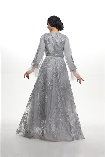 05-745 İşlemeli Tül Arkası Uzun Önü Kısa Abiye - Gri