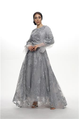05-745 İşlemeli Tül Arkası Uzun Önü Kısa Abiye - Gri