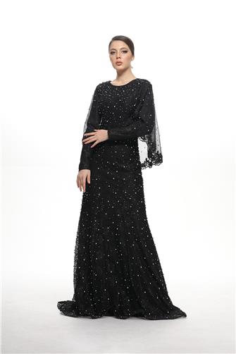 05-776 Pelerinli Çakma Taşlı Balık Abiye - Siyah