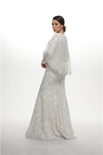 05-776 Pelerinli Çakma Taşlı Balık Abiye - Beyaz