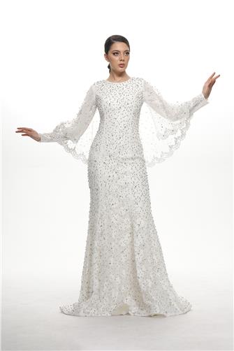 05-776 Pelerinli Çakma Taşlı Balık Abiye - Beyaz