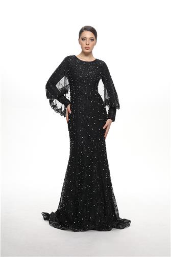 05-776 Pelerinli Çakma Taşlı Balık Abiye - Siyah