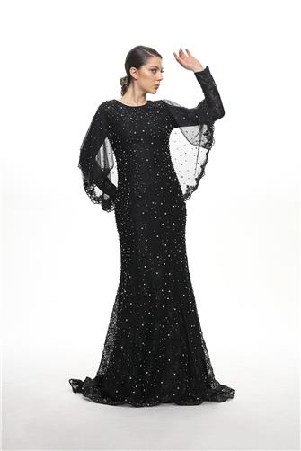 05-776 Pelerinli Çakma Taşlı Balık Abiye - Siyah