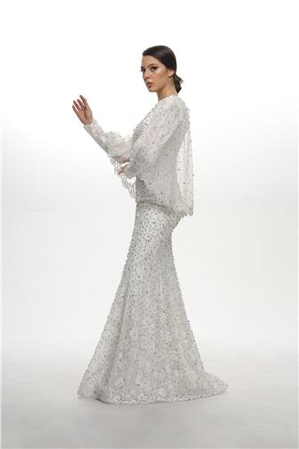 05-776 Pelerinli Çakma Taşlı Balık Abiye - Beyaz