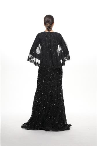 05-776 Pelerinli Çakma Taşlı Balık Abiye - Siyah