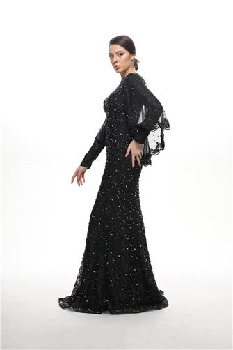 05-776 Pelerinli Çakma Taşlı Balık Abiye - Siyah