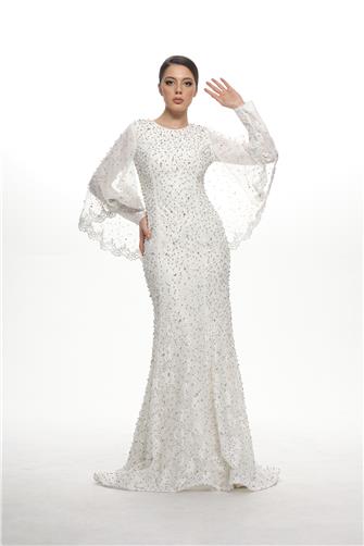 05-776 Pelerinli Çakma Taşlı Balık Abiye - Beyaz