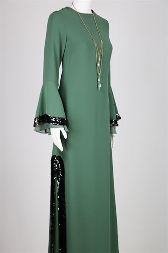 0558 Kolu Ve Eteği Payetli Elbise - Mint Yeşili