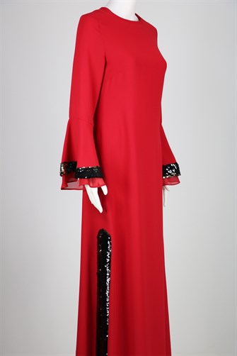 0558 Kolu Ve Eteği Payetli Elbise - Kırmızı