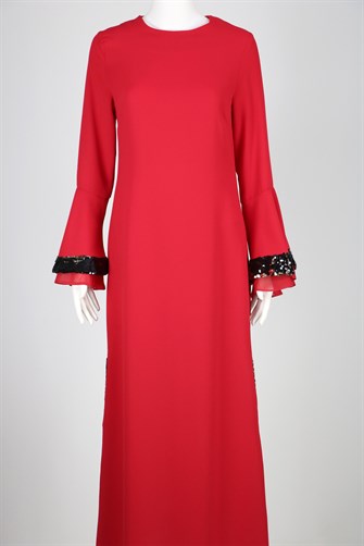 0558 Kolu Ve Eteği Payetli Elbise - Kırmızı