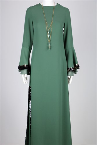 0558 Kolu Ve Eteği Payetli Elbise - Mint Yeşili