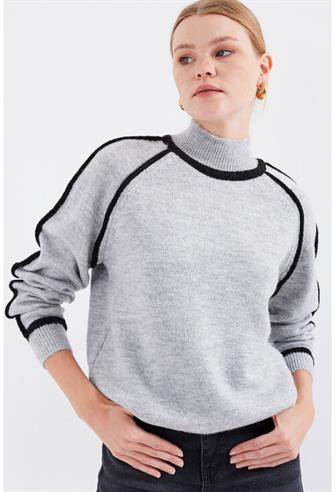 15879 Çizgili Oversize Triko Kazak - Gri