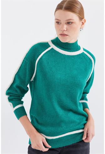 15879 Çizgili Oversize Triko Kazak - Zümrüt Y