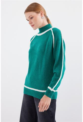 15879 Çizgili Oversize Triko Kazak - Zümrüt Y