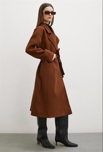 20076 Robalı Uzun Kaşe Kaban - Kahverengi