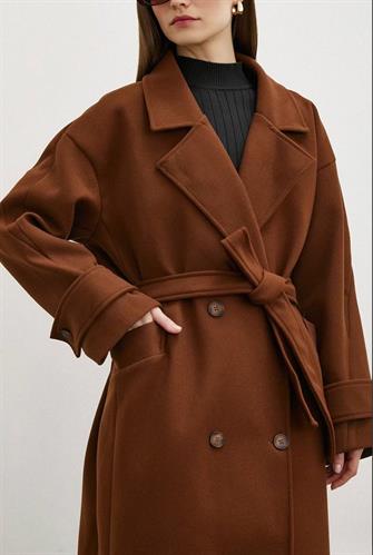 20076 Robalı Uzun Kaşe Kaban - Kahverengi