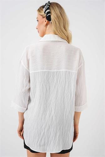 20317 Kadın Cep Detaylı Kısa Kol Gömlek - Beyaz