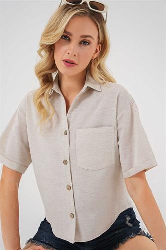 20339 Keten Görünümlü Crop Gömlek - Krem