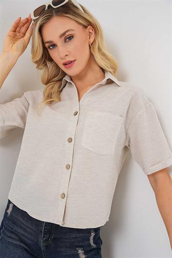 20339 Keten Görünümlü Crop Gömlek - Krem