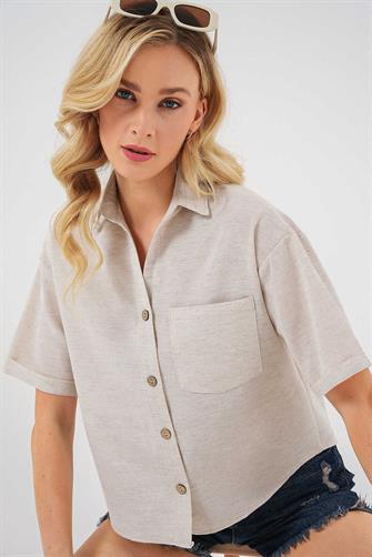 20339 Keten Görünümlü Crop Gömlek - Krem