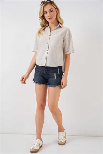 20339 Keten Görünümlü Crop Gömlek - Krem