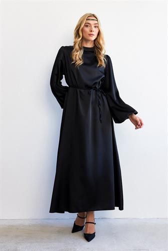 2204 Balon Kol Saten Abiye Elbise - Siyah