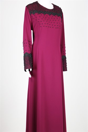 2247 Önü Ve Kolu Güpürlü Boncuklu Abiye Elbise - Fuşya