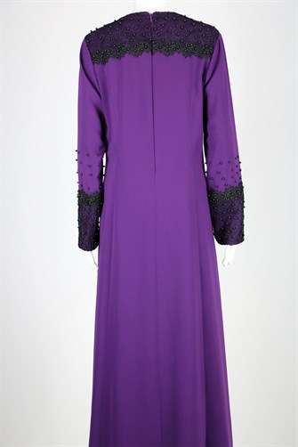2247 Önü Ve Kolu Güpürlü Boncuklu Abiye Elbise - Mor