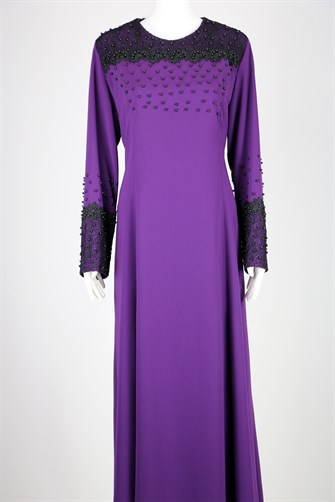 2247 Önü Ve Kolu Güpürlü Boncuklu Abiye Elbise - Mor