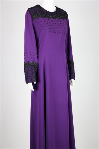 2247 Önü Ve Kolu Güpürlü Boncuklu Abiye Elbise - Mor