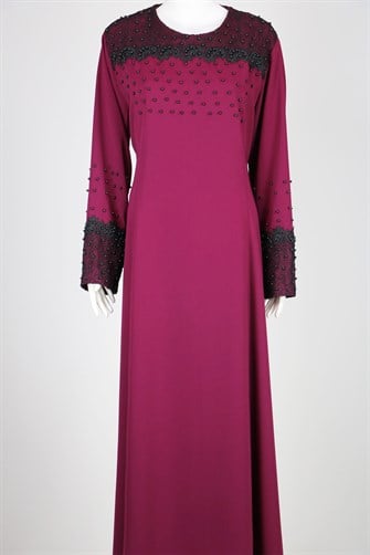 2247 Önü Ve Kolu Güpürlü Boncuklu Abiye Elbise - Fuşya