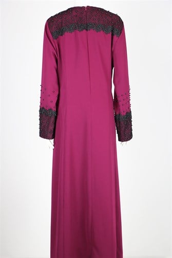 2247 Önü Ve Kolu Güpürlü Boncuklu Abiye Elbise - Fuşya
