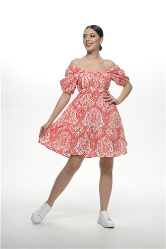 2351 Desenli Elbise - Nar Çiçeği