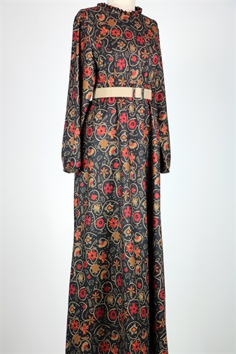 242 Desenli Kemerli Elbise - Siyah