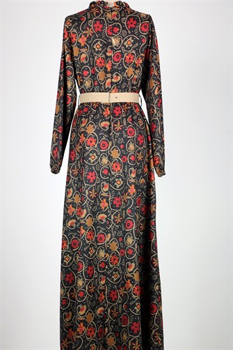 242 Desenli Kemerli Elbise - Siyah