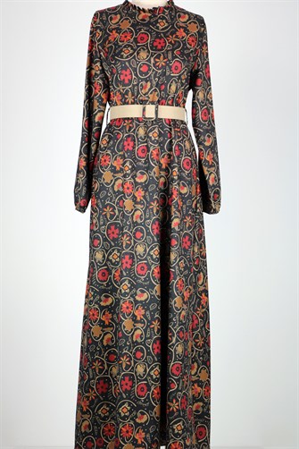 242 Desenli Kemerli Elbise - Siyah