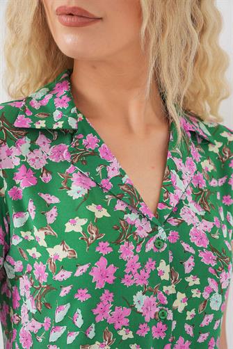 2561 Boydan Düğmeli Kısa Kol Çiçekli Elbise - Yeşil