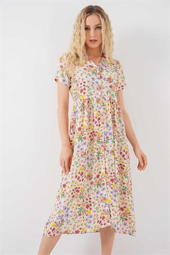 2561 Boydan Düğmeli Kısa Kol Çiçekli Elbise - Krem