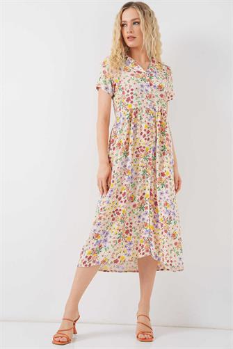 2561 Boydan Düğmeli Kısa Kol Çiçekli Elbise - Krem