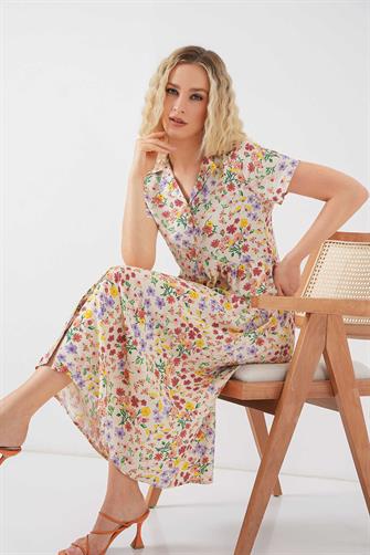 2561 Boydan Düğmeli Kısa Kol Çiçekli Elbise - Krem