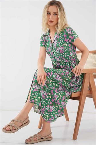 2561 Boydan Düğmeli Kısa Kol Çiçekli Elbise - Yeşil