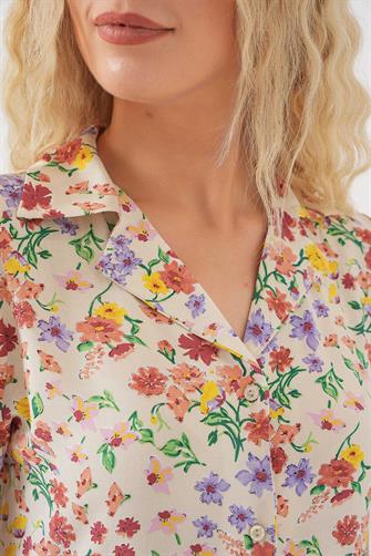 2561 Boydan Düğmeli Kısa Kol Çiçekli Elbise - Krem