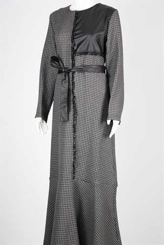 2620 Karyağdı Desenli Deri Detaylı Elbise - Füme