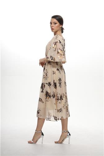 3029 Varak Desenli Elbise - Bej